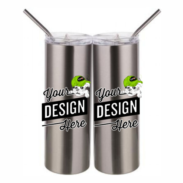 20 oz Stainless Silver Skinny Tumbler with Stainless Straw and Lid Thumbnail