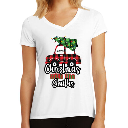 Customizable Christmas with the Family Name Buffalo Plaid Car  - Women's Perfect Tri ® V Neck Tee Thumbnail
