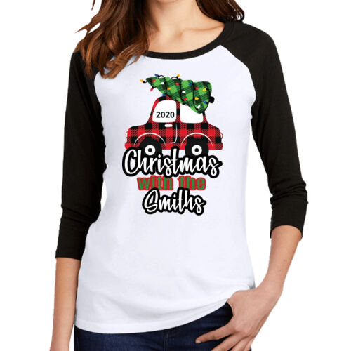 Customizable Christmas with the Family Name Buffalo Plaid Car  - Women's Perfect Tri ® 3/4 Sleeve Raglan Thumbnail