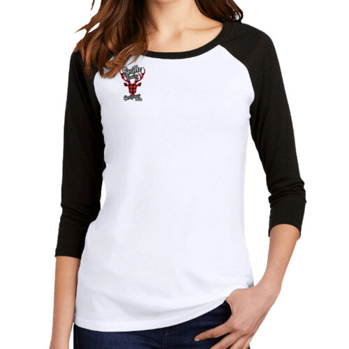Customizable Family Name Buffalo Plaid Deer - Women's Perfect Tri ® 3/4 Sleeve Raglan Thumbnail