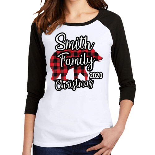 Family Name Buffalo Plaid Bear - Women's Perfect Tri ® 3/4 Sleeve Raglan Thumbnail