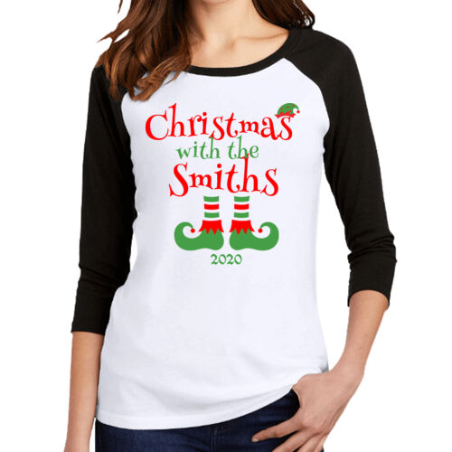 Christmas with the Custom Name Elf Shoes - Women's Perfect Tri ® 3/4 Sleeve Raglan Thumbnail