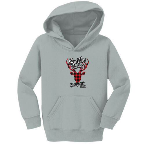 Customizable Family Name Buffalo Plaid Deer - Toddler Core Fleece Pullover Hooded Sweatshirt Thumbnail